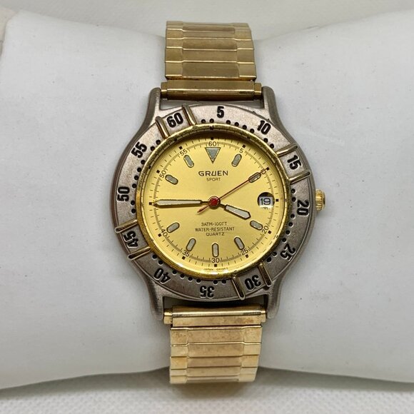 Vintage Gruen sport since 1874 date watch gold tone 37mm rotating bezel running - Picture 1 of 8